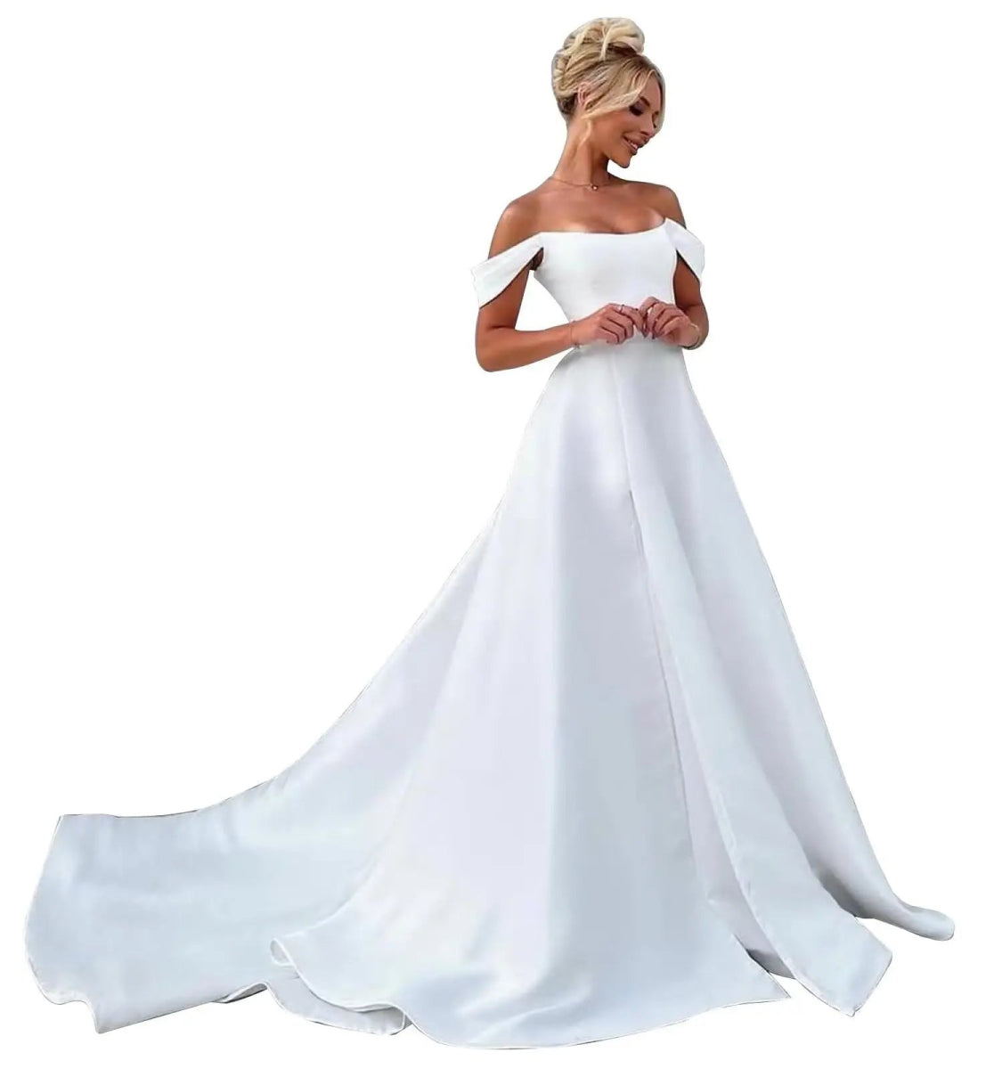 Robes de mariée en satin à épaules dénudées, robes longues avec fente - LA BELLE LIGNEE