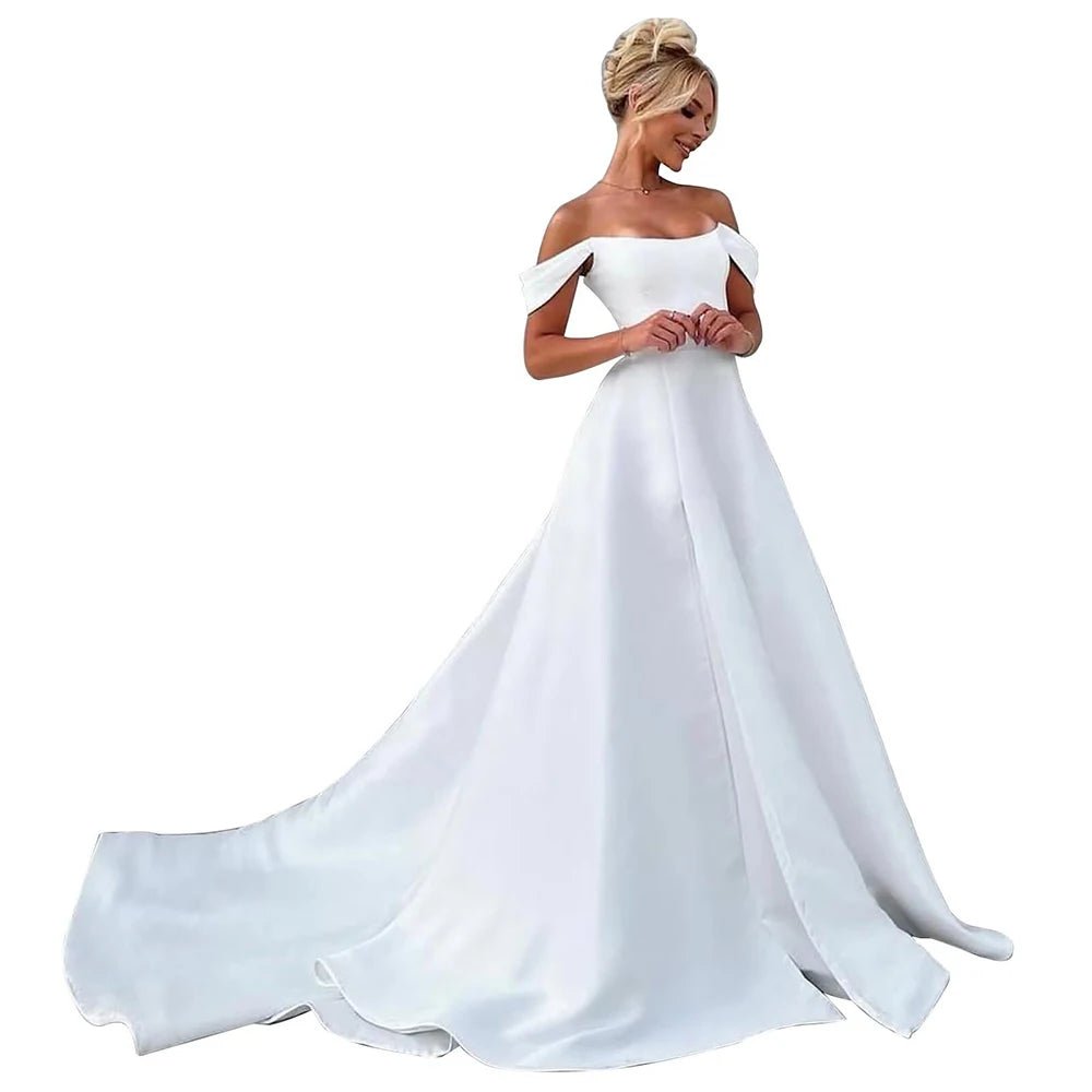 Robes de mariée en satin à épaules dénudées, robes longues avec fente - LA BELLE LIGNEE