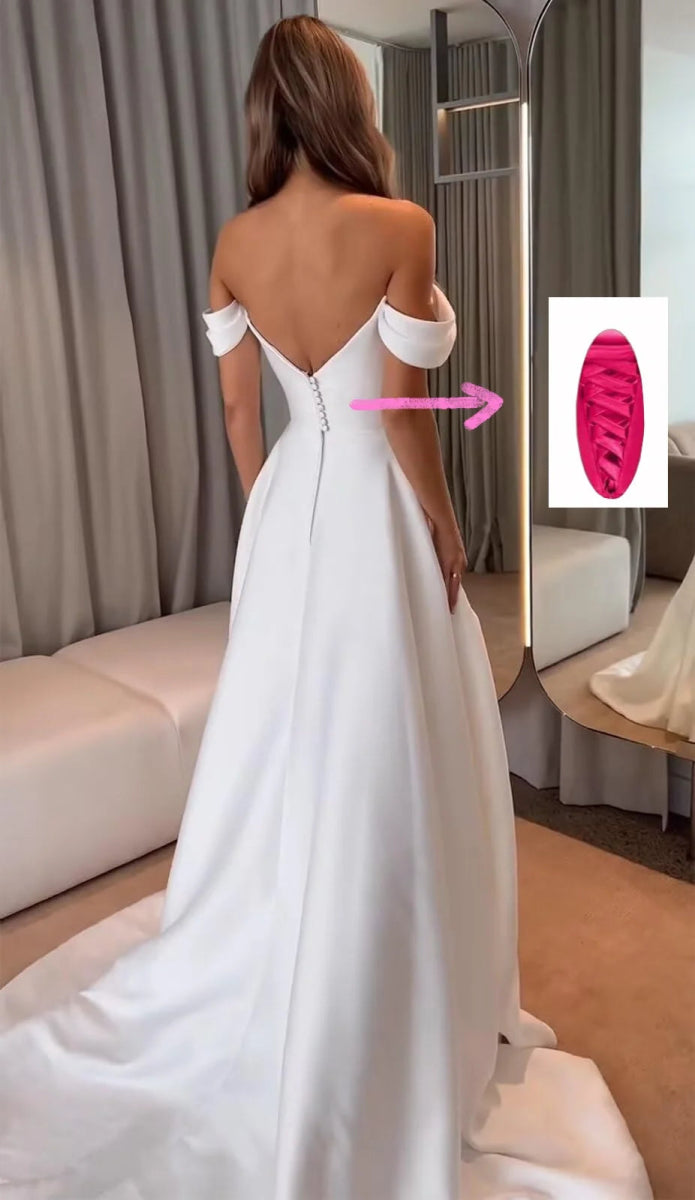 Robes de mariée en satin à épaules dénudées, robes longues avec fente - LA BELLE LIGNEE