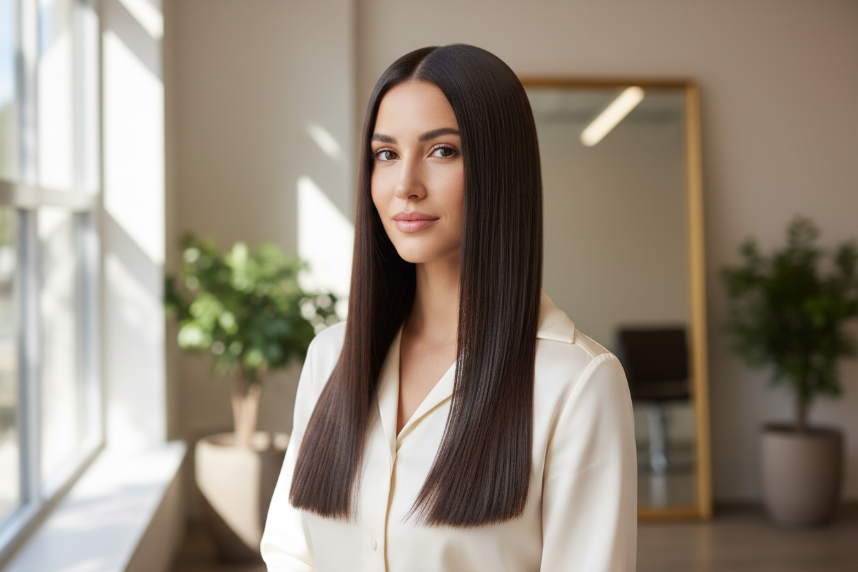 femme avec un beau lissage de cheveux 