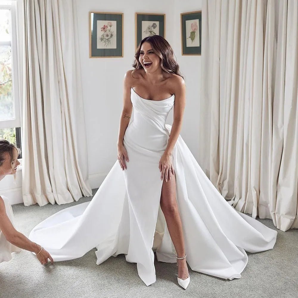 Sexy High Slit Mermaid Wedding Dresses With Detachable Train Strapless Bridal Gowns Customized 2026 - LA BELLE LIGNEE